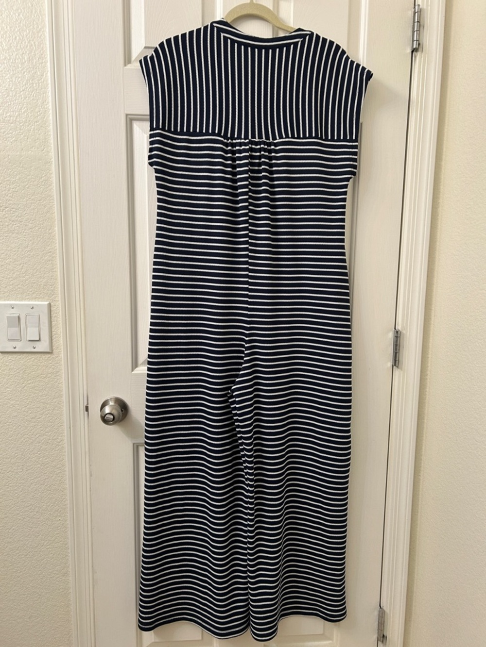 Cicy Bell Navy and White Striped Buttoned Front Flared Leg Versatile Romper. - Picture 4 of 7